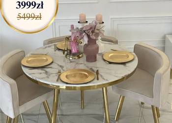 Stół złoty glamour z marmurowym blatem, okrągły, nowoczesny