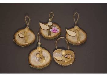 Zestaw drewnianych zawieszek aniołków – handmade, dekoracje rustykalne