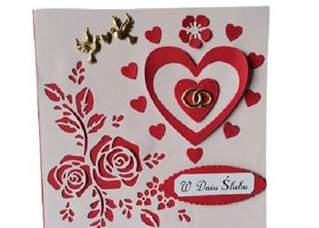 Kartki Pamiątka Ślub Obrączki W Sercu K4 Róż - Czerwień