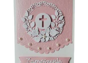 Zaproszenia Komunia Dziewczynka Krzyż W Łuku B6 – Róż Perłowy – Biel