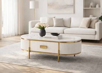 Stolik kawowy glamour z szufladą i marmurem Omega 124x71x48
