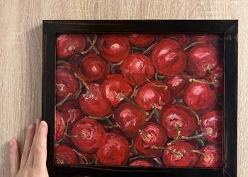 Obraz olejny „Czereśnie” – oryginał, ręcznie malowany, 24×30 cm
