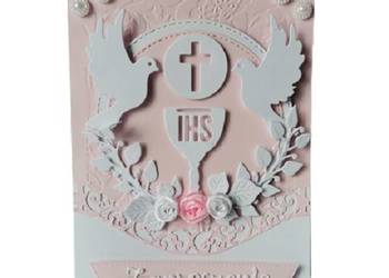 Zaproszenia Komunia Dziewczynka Kielich Z Hostią Gołębie – B6 – Róż Delikat