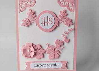 ZAPROSZENIA KOMUNIA DZIEWCZYNKA HOSTIA W LIŚCIACH C6 RÓŻ - BIEL