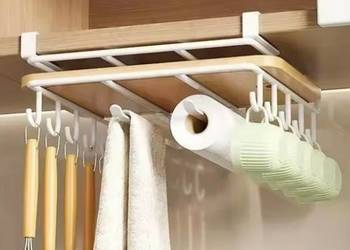 Półka, uchwyt podwieszany do szafki, organizer kuchenny z haczykami, biały