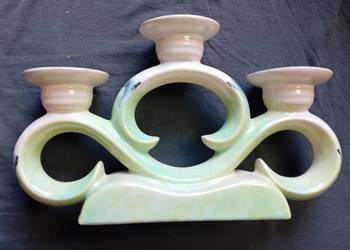 Ceramiczny turkusowy świecznik trójramienny art deco. Około połowy XX w.