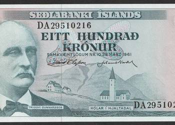 ISLANDIA 100 KORON 1961 - TRYGGVI GUNNARSSON - STAN BANKOWY UNC