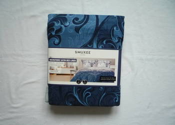 Smukee nowa granatowa szara pościel satynowa mikrowłókno 160x200