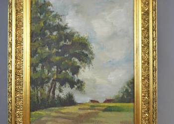 Pejzaż w złotej ramie, olej na desce podpisany 47/62cm poł.XXw
