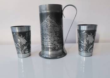 Stary cynowy kufel i 2 kubki