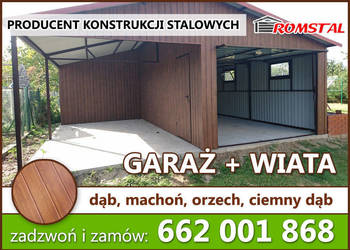 Garaż Blaszany Drewnopodobny + zadaszenie boczne - Wiata   - ROMSTAL*