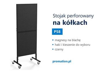 Czarny stojak perforowany mobilny – ekspozytor na magnesy i haki