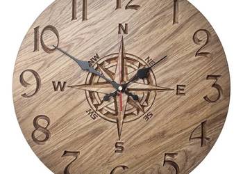 Drewniany zegar 40 cm – Róża Wiatrów | Cichy mechanizm, Drewno dębowe