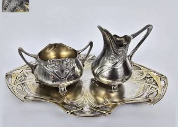 Secesyjny serwis do kawy mlecznik i cukiernica na tacy plater WMF 1900r