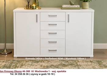 Nowa Komoda 140 cm z Szufladami REMI / kolor BIAŁY / -50% Wyprzedaż