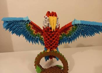 Kolorowa PAPUGA na gałęzi ptak - rękodzieło origami - prezent dekoracja