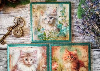 Ozdobne podstawki z kotkami Selena Art shabby decoupage kot