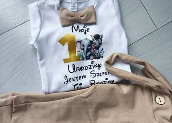 komplet na roczek rok chłopiec roczek beżowy safari Mam 1 urodzinki jestem