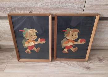 Obraz w ramce ze słomy vintage Disney Pinokio lata 70 PRL
