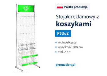Stojak reklamowy z koszem i hakami, ekspozytor sklepowy na zawieszki P53u2
