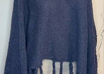 Granatowa narzutka / poncho z frędzlami | oversize | boho