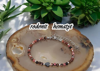 Bransoletka z rodonitu, serce z hematytu, rodonit, delikatna #173