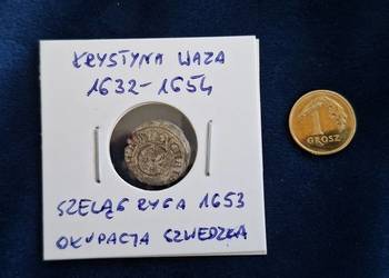 Szeląg miejski Krystyna, Ryga 1653 (okupacja szwedzka). Srebro bilonowe