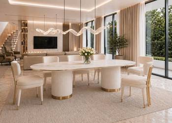 Stół owalny ryflowany 180x90 ecru marmurowy blat nowoczesny salon jadalnia
