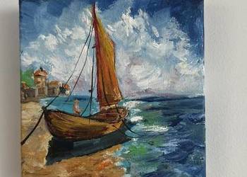 Ręcznie malowany obraz olejny na płótnie - Marynistyka, mały format 10x10cm
