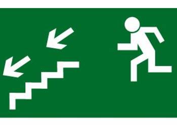 Naklejka BHP kierunek do wyjścia drogi ewakuacyjnej schodami w dół w lewo…