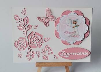 ZAPROSZENIA CHRZEST ŚWIĘTY DZIEWCZYNKA W SERWETCE B6 RÓŻ - BIEL