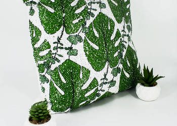 T0168 Poszewka dekoracyjna dwustronna cekiny monstera liście