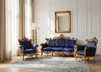 Włoski KOMPLET MEBLI do SALONU Ludwik BUK SKÓRA KANAPA + SOFA + FOTEL