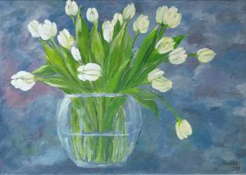 Obraz 60x40, akryl na płótnie - tulipany, bukiet, wazon