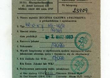 Świadectwo Kontroli Jakości Kuchnia PREDOM MESKO 1983 PRL Unikat