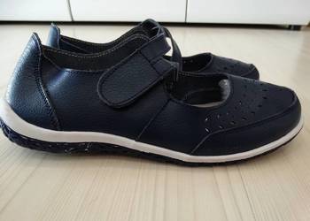 Buty Skórzane Naturalna Skóra Granatowe Sneakersy Baleriny Półbuty Wsuwane