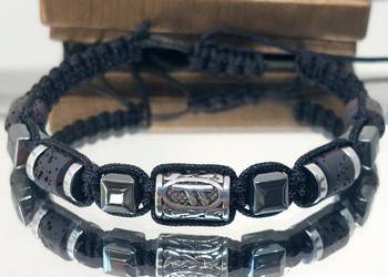 BRANSOLETKA RUNA FEHU STAL SZLACHETNA 316L KAMIEŃ LAWA MĘSKA 18cm UNIKAT