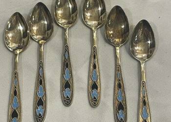 Srebrne, pozłacane łyżeczki z emalią, pr. 825