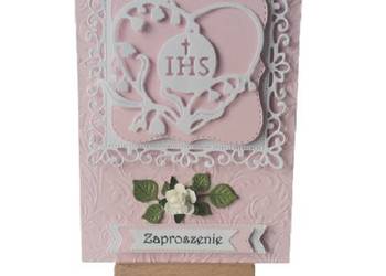ZAPROSZENIA KOMUNIA DZIEWCZYNKA IHS W SERCU B6 RÓŻ-BIEL