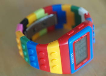 Zegarek klocki LEGO elektroniczny cyfrowy dzieci ramka niebiesko-czerwona
