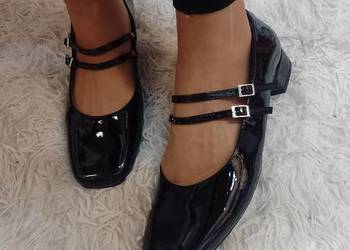 (42/43) Czarne baleriny wieczorowe z zapięciem, czółenka wieczorowe, NOWE