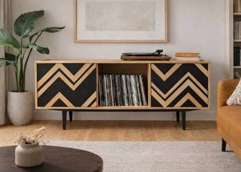 Komoda mid-century na winyle sprzęt audio do salonu jesion