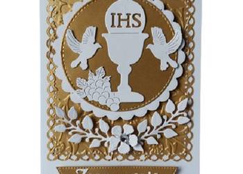 Zaproszenia Komunia Uniwersalne Kielich Z Winogronem Gołębie – B6 – Złoto –