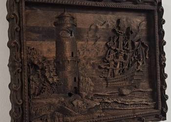 ŻAGLOWEIC i LATARNIA morska, morze, fale, marynistyczny Płaskorzeźba