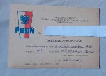 Zaproszenie na zebranie informacyjne PRON, 1985 r. Zaproszenie na zebranie informacyjne PRON, 1985 r.