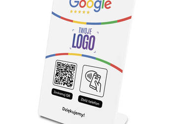 Stojak, prezenter gięty z QR, NFC i logo firmy do zbierania opinii w Google