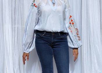 Lekka bluzka H&M 34 XS 36 S bawełna etno folk boho niebieska paski haft kwi