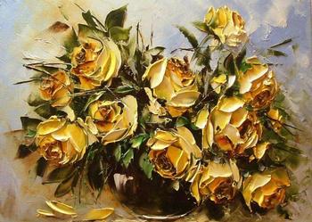 Kowalik - Żółte róże II - 40x30cm Obraz Olejny Szpachel Kwiaty Faktura