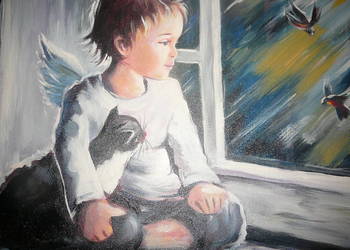 Obraz olejny dziewczynka i piórko   lub  chłopiec