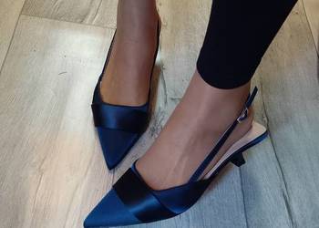 (40) Granatowe czółenka wieczorowe z odkrytą piętą, NOWE